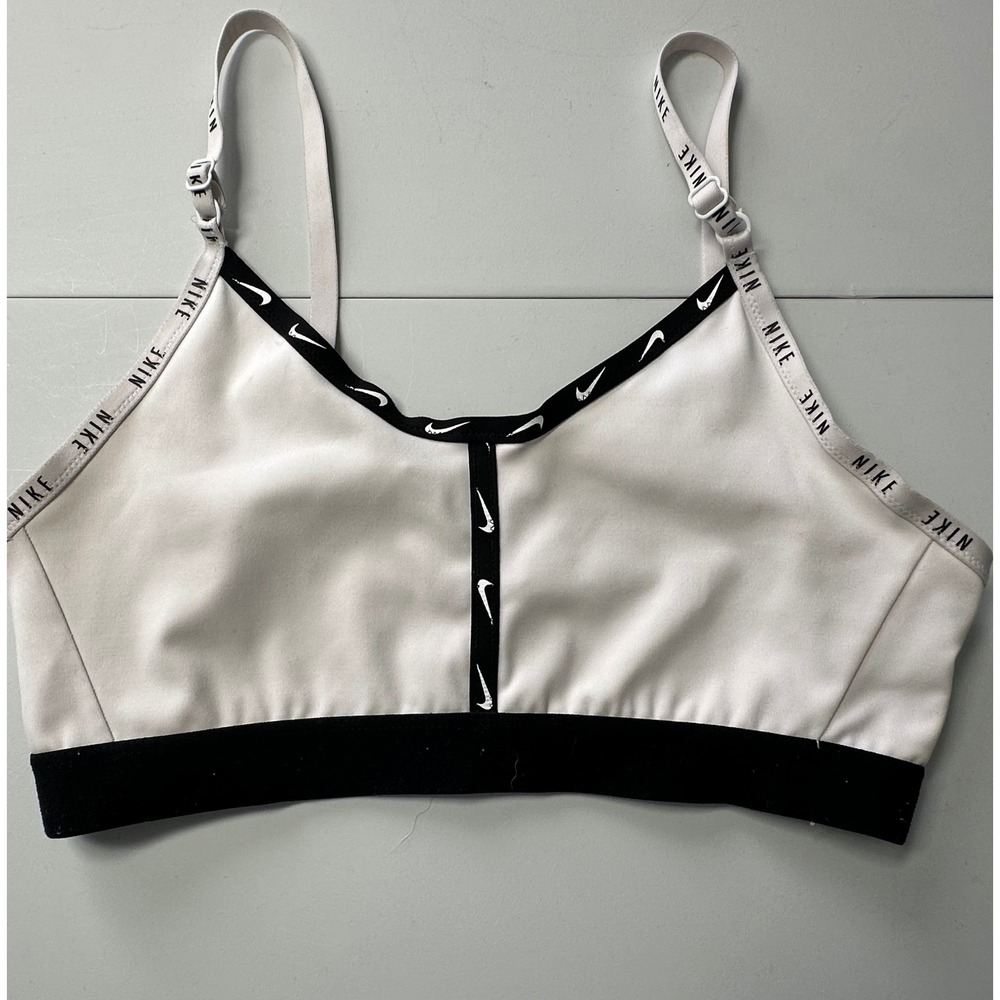 Nike Dri-FIT Indy Light Support Sports Bra White Black Logo Straps Size M